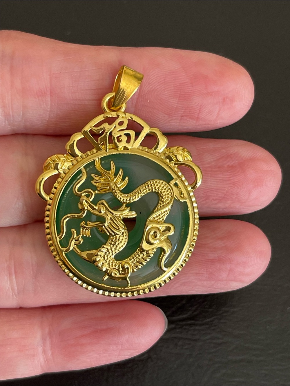 Gold tone Dragon Jade Pendant Necklace .